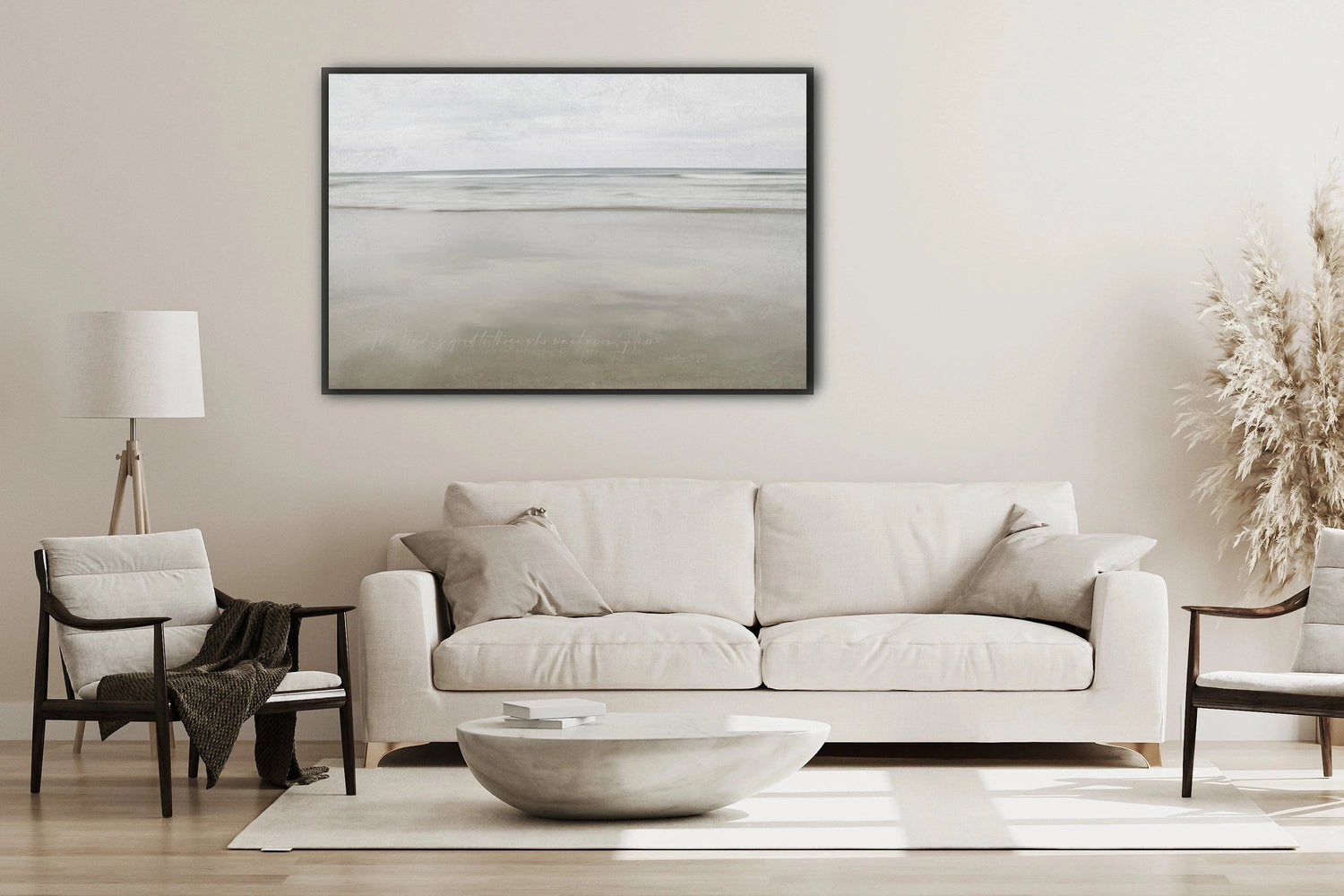 Christian Art in a room set a canvas of a seascape with scripture