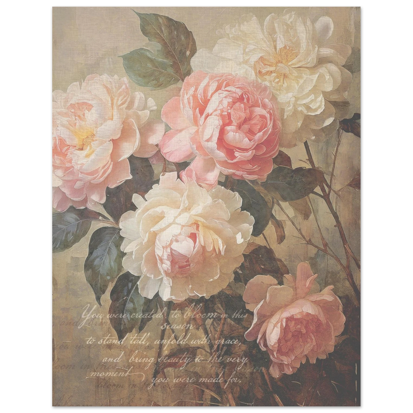 Floral vintage look poster rissing from a muted soft background
