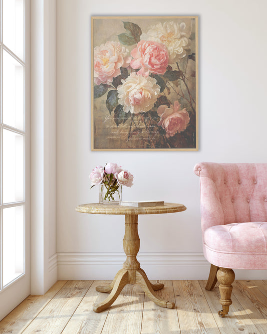 Christian Art Vintage look flowers on soft muted background with words of hope softly scripted on the print