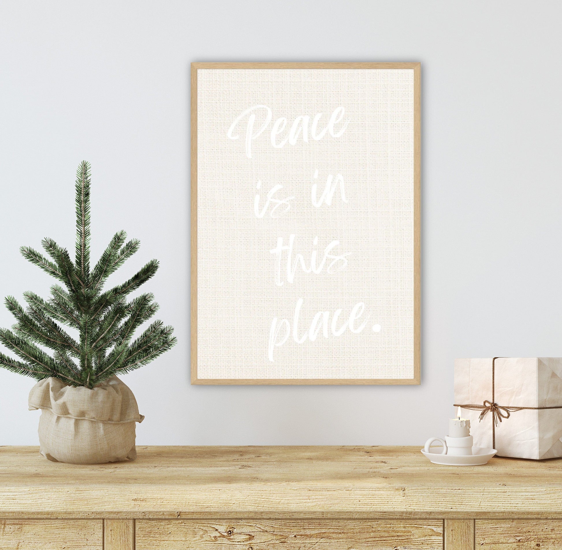PEACE IS IN THIS PLACE -  Christmas Word Art - on linen look background Digital Download