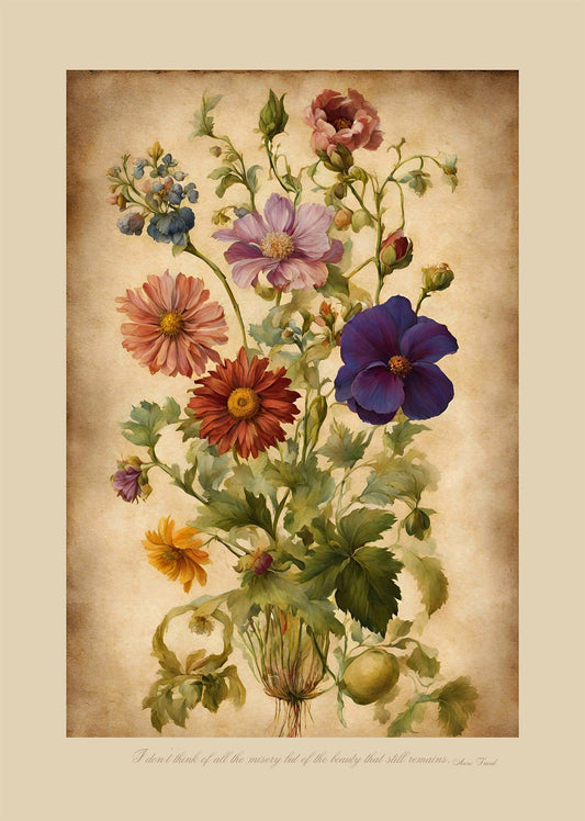 Vintage look Floral posy on a cream background with an Anne Frank quote scripted underneath.