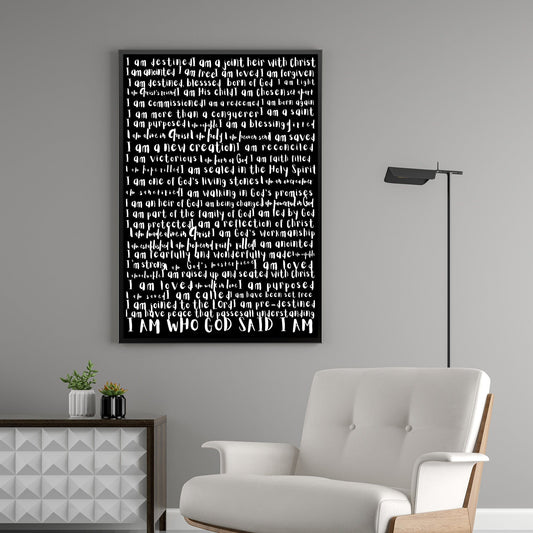 Word art poster around the theme of  'I am who God said I am' in white text on a black background