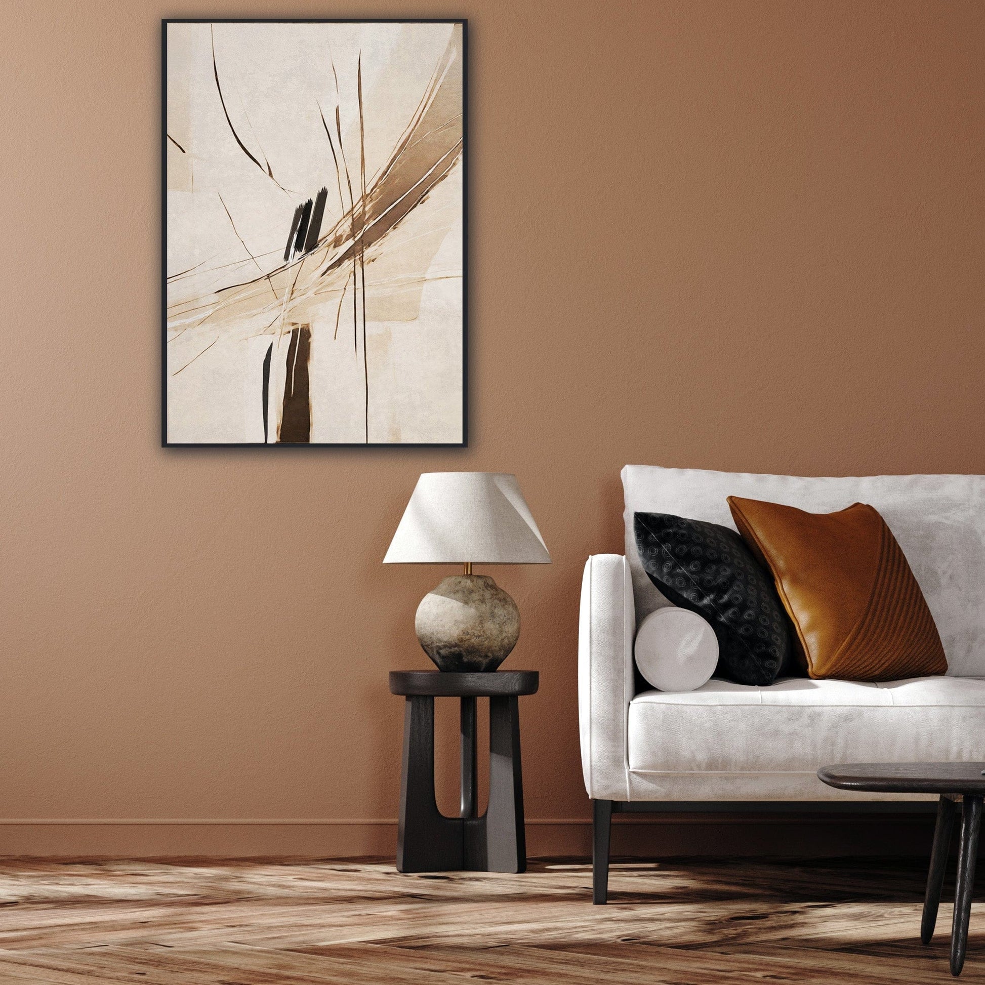 Abstract art cross in brown tones on soft beige background.