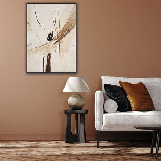 Abstract art cross in brown tones on soft beige background.