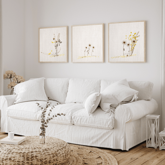 3 posters soft delicate natural look  flowers on off white linen look background with theme of faith, hope and love