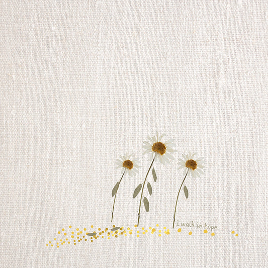 poster soft delicate natural look flowers on off white linen look background with theme of faith, hope and love