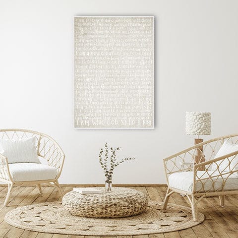 Word art poster around the theme of  'I am who God said I am' in white text on a beige natural look background