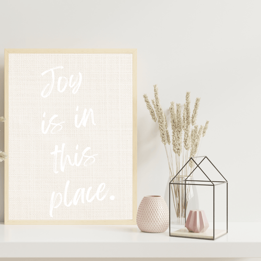 JOY IS IN THIS PLACE - white Word Art - on a linen look background Digital Download