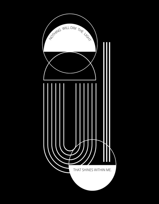 Monochrome mid-century style prints with minimalist designs and subtle Biblical text conveying messages of hope and light