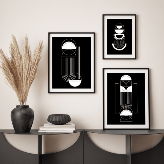 Monochrome mid-century style prints with minimalist designs and subtle Biblical text conveying messages of hope and light