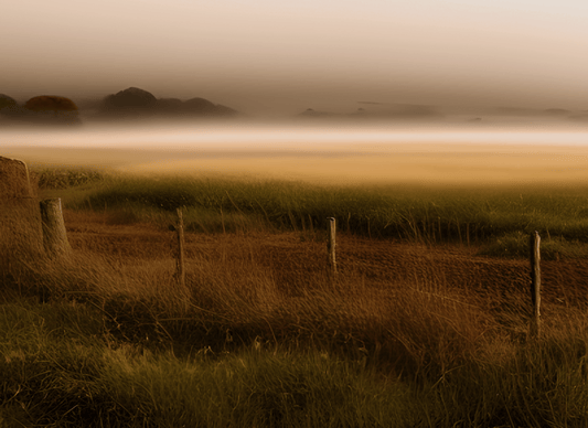 landscape earthy tones canola field of mist in background rustic fence