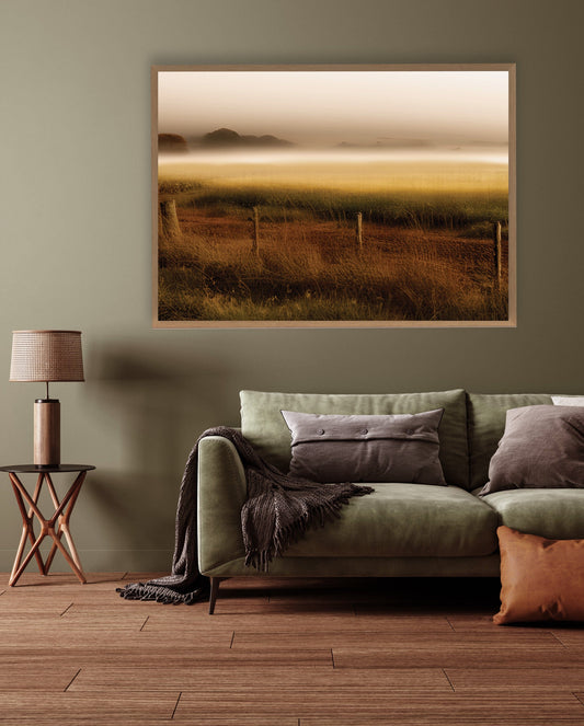 landscape earthy tones canola field ol mist in background rustic fence