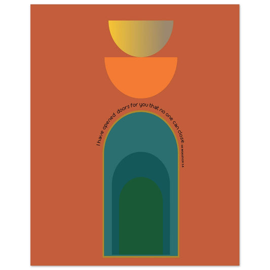 Mid-Century minimalist poster with sleek lines, abstract geometric shapes, and encouraging faith-based text, trending colours