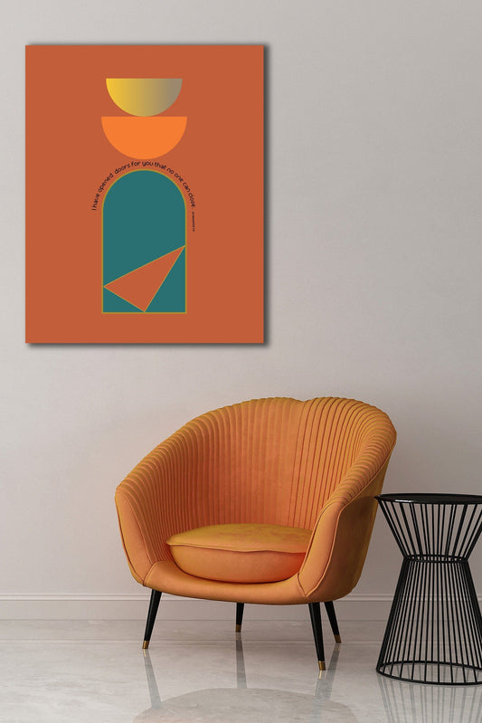 Mid-Century minimalist poster with sleek lines, abstract geometric shapes, and encouraging faith-based text, featuring trending colours