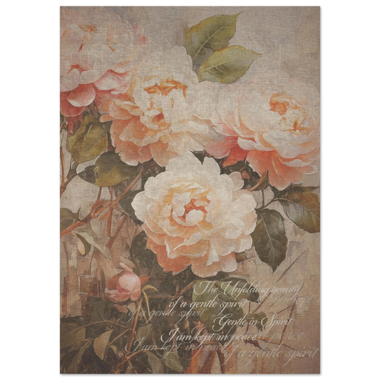 A vintage floral poster print in soft muted tones with the words 'the unfolding beauty of a gentle spirit' and 'I am kept in peace". softly inscribed on the print
