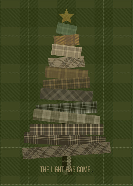 THE LIGHT HAS COME scripted below  Christmas tree abstracted with a dark green tartan background   Digital Download poster
