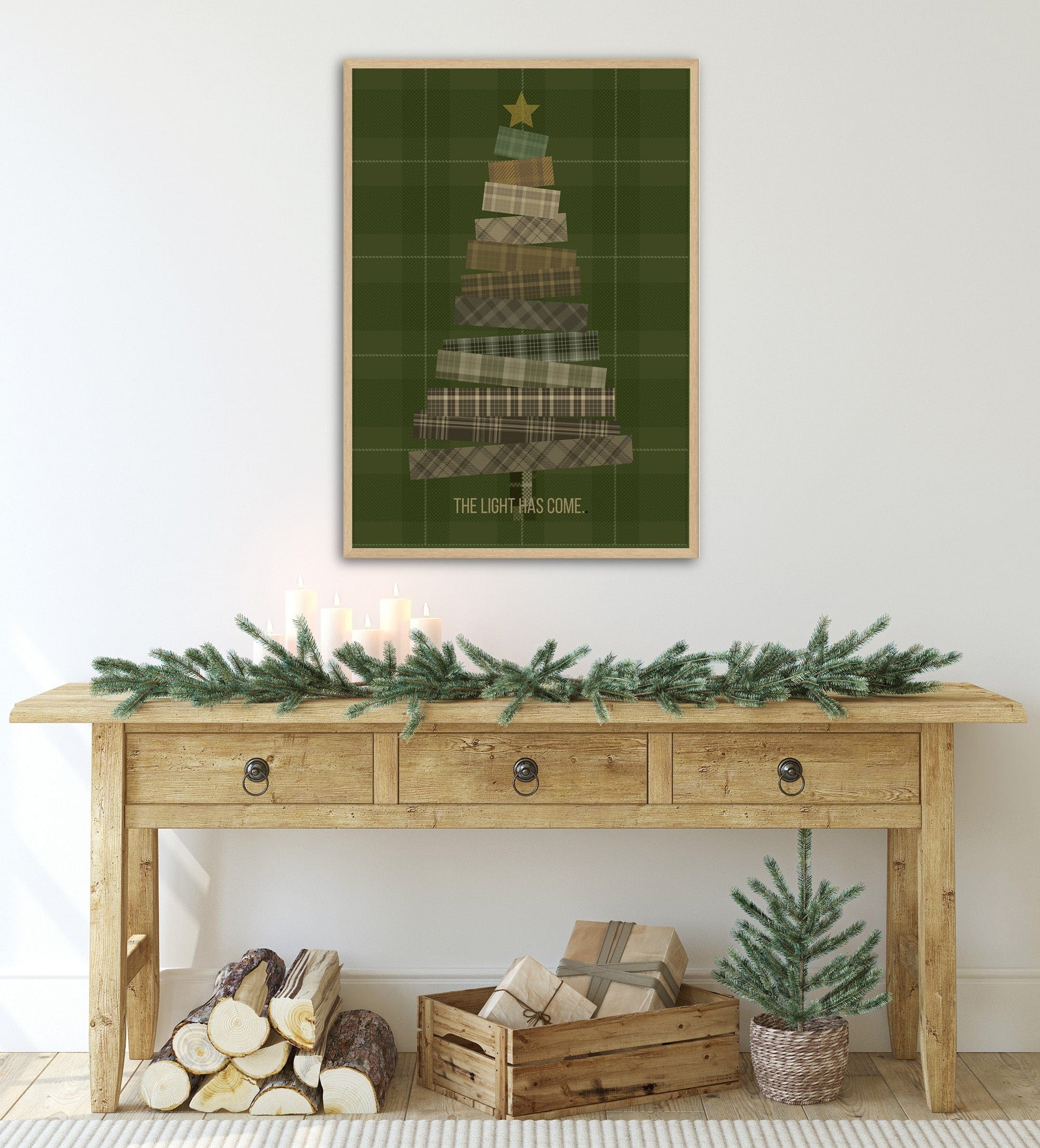 THE LIGHT HAS COME scripted below  Christmas tree abstracted with a dark green tartan background   Digital Download poster