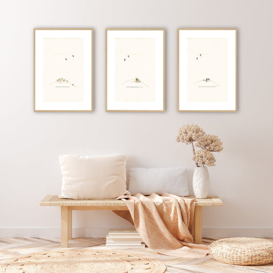 posters set of 3 soft earthy tones small images on textured background around theme of sparrows