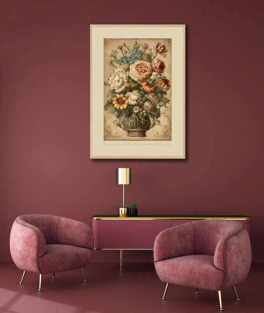 Vintage Floral Print in flowers in a vase set in a cream surround