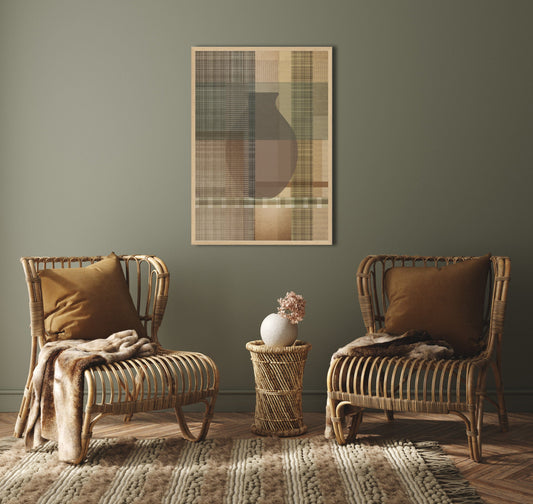 Symbolic abstract artwork in warm earthy tones, with soft checks a clay pot in a modern country farmhouse style