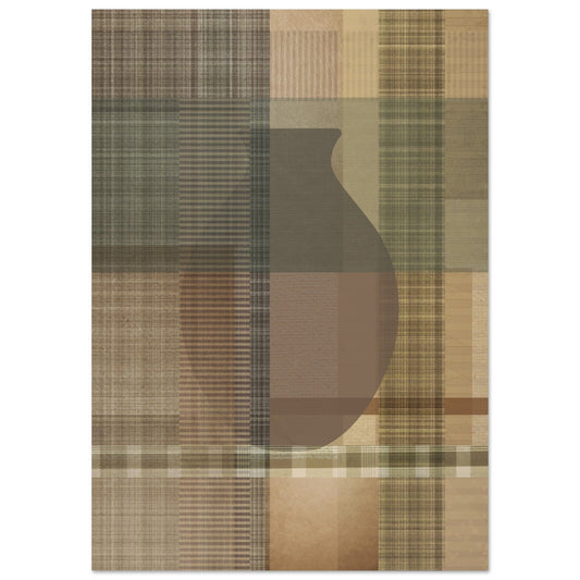 abstract artwork in warm earthy tones, with soft checks a clay pot in a modern country farmhouse style