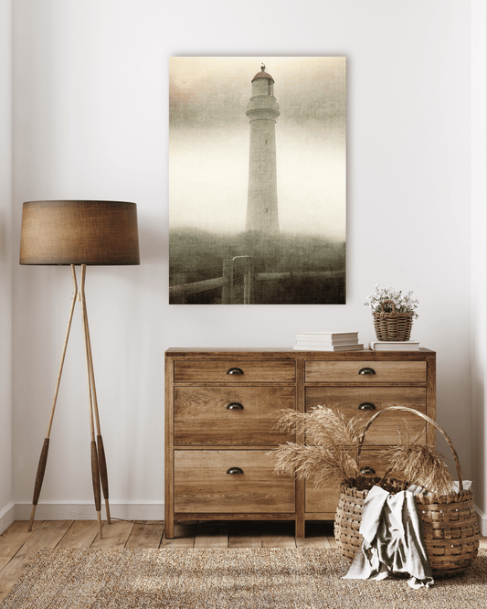WATCHING AND WAITING - Seascape & Ocean themed nautical Print of a muted lighthouse in earthy tones