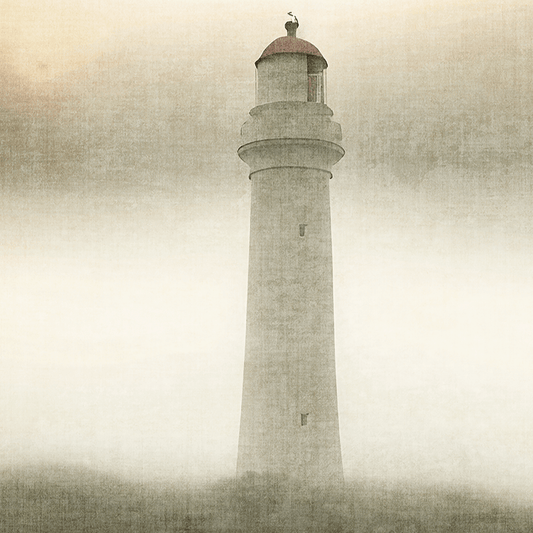 poster muted landscape featuring a lighthouse nautical theme, earthy tones