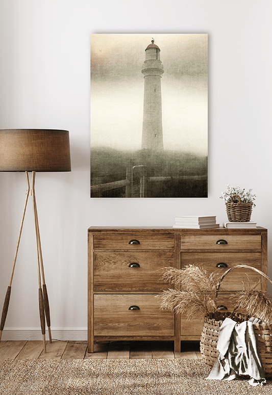 poster muted landscape featuring a lighthouse nautical theme, earthy tones