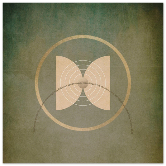 A poster with a geometric butterfly design in a muted earthy colour palette,.