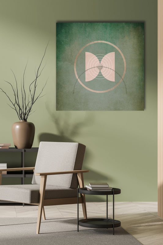 A poster with a geometric butterfly design in a muted earthy colour palette,.