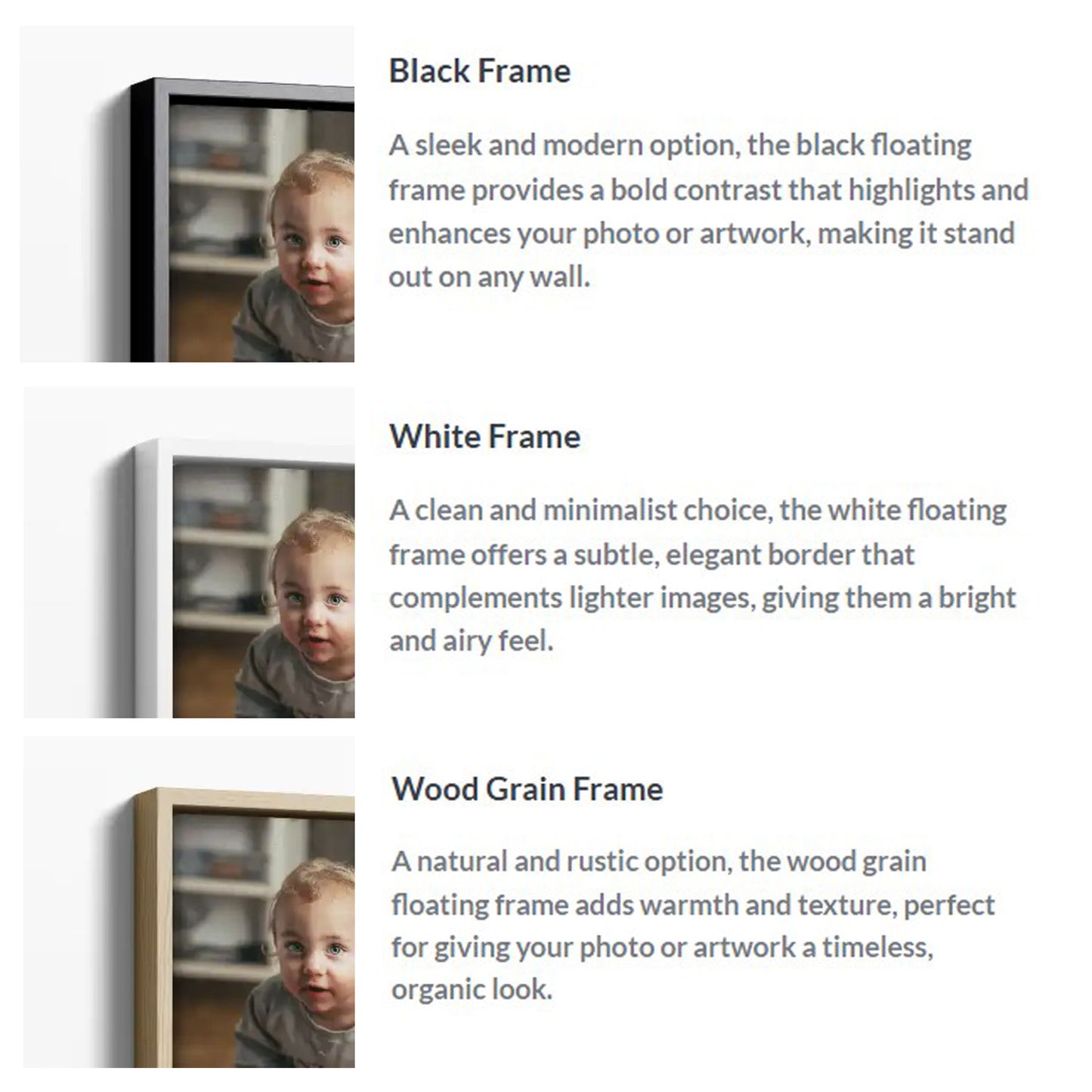 Canvas prints with different frames displayed on a white background