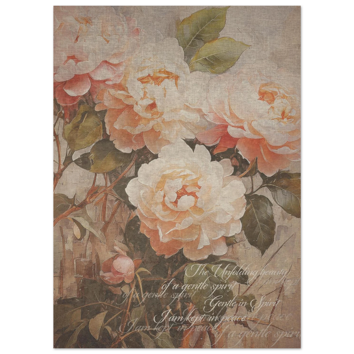 A vintage floral poster print  in soft muted tones with the words 'the unfolding beauty  of a gentle spirit' and 'I am kept in peace". softly inscribed on the print