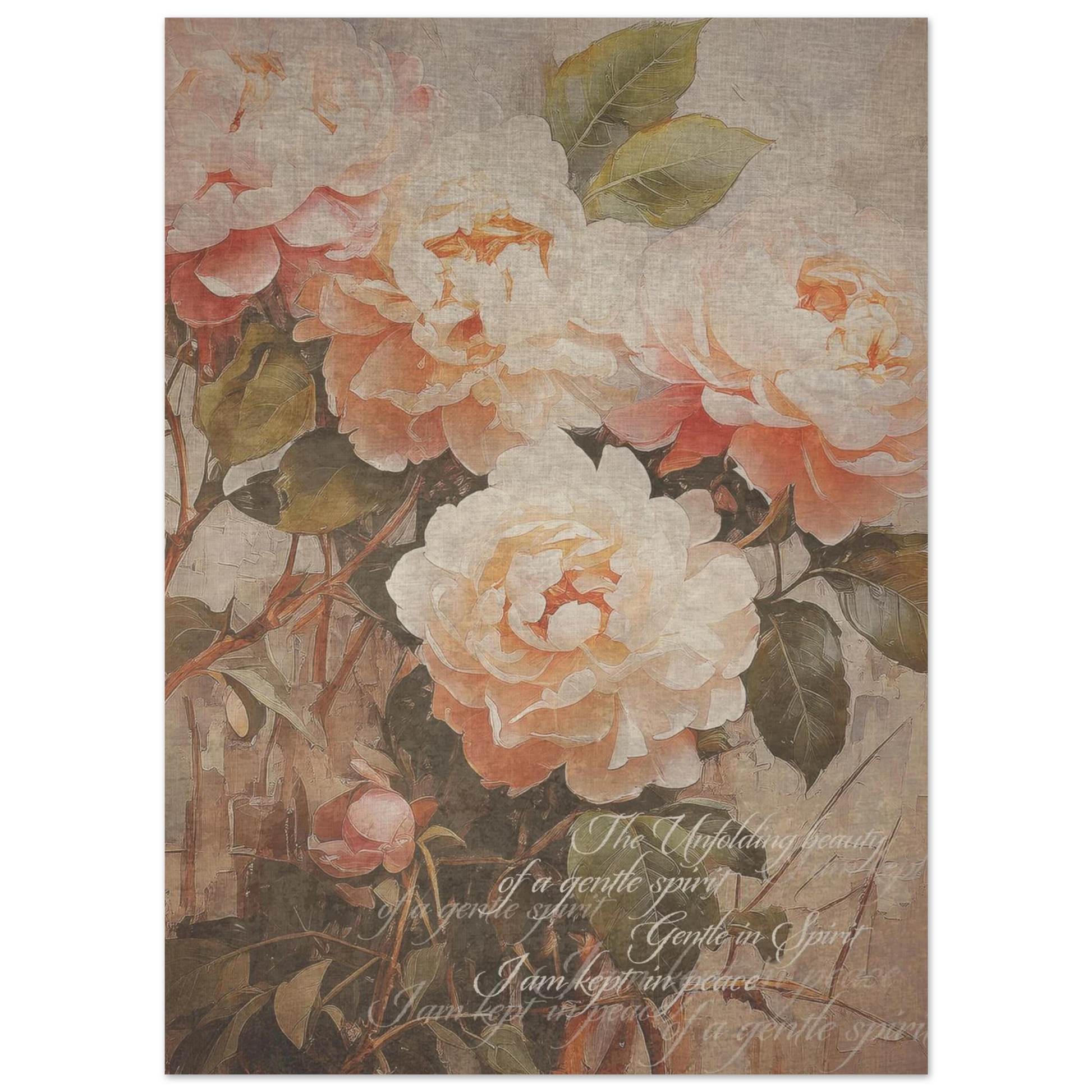 A vintage floral poster print  in soft muted tones with the words 'the unfolding beauty  of a gentle spirit' and 'I am kept in peace". softly inscribed on the print
