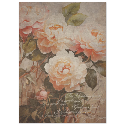 A vintage floral poster print  in soft muted tones with the words 'the unfolding beauty  of a gentle spirit' and 'I am kept in peace". softly inscribed on the print