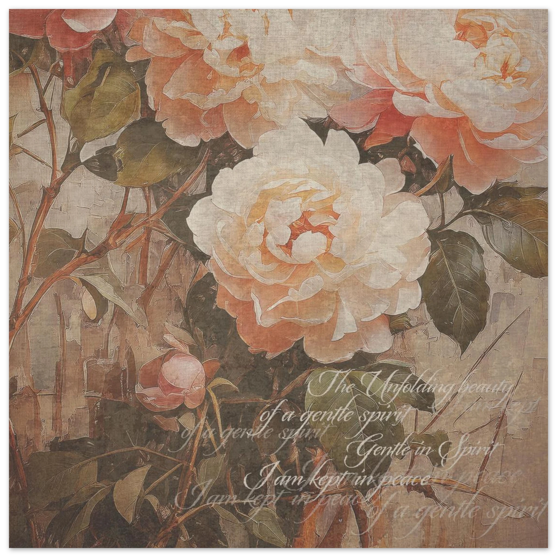 A vintage floral poster print  in soft muted tones with the words 'the unfolding beauty  of a gentle spirit' and 'I am kept in peace". softly inscribed on the print