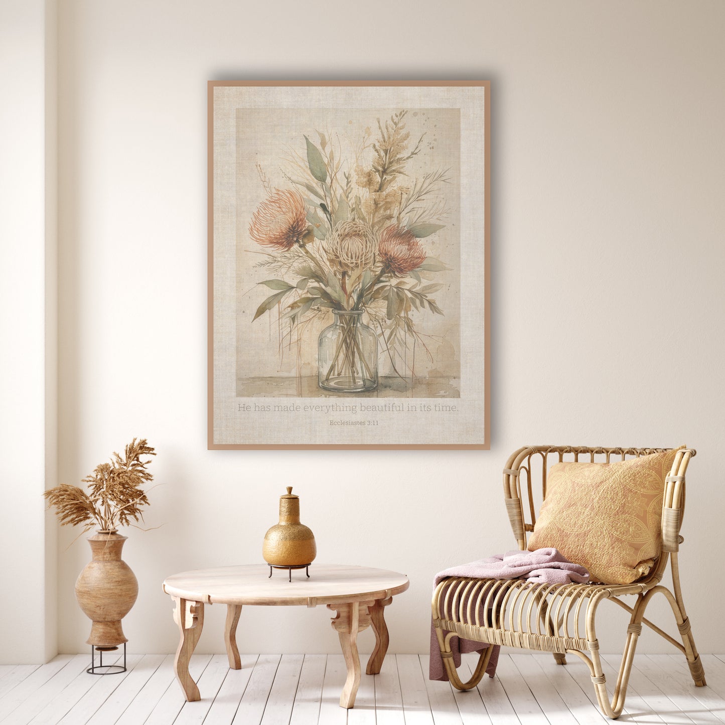 A botanical vintage art print featuring dried flowers in a glass vase, displayed on a cream wall with the words 'He has made everything beautiful in its time'. 