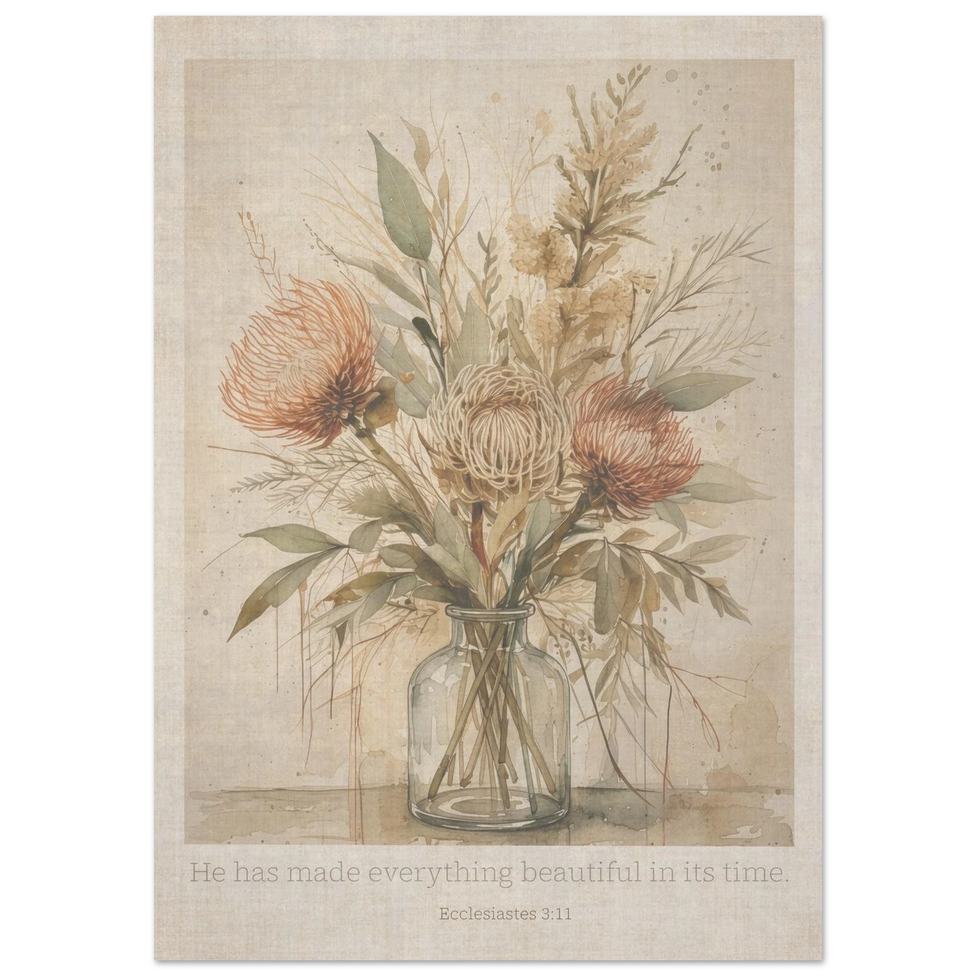 A botanical vintage art print featuring soft neutral flowers in a glass vase, displayed on a cream wall with the words 'He has made everything beautiful in its time'. 