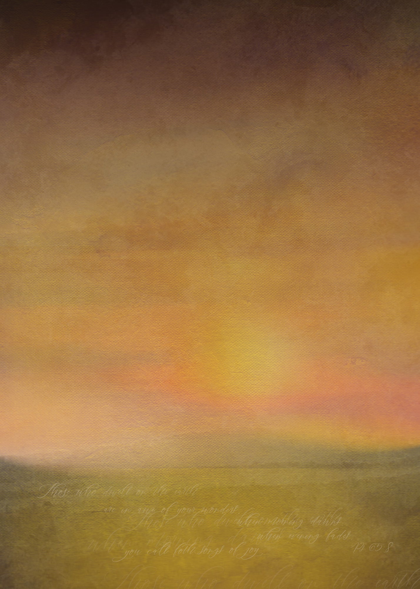 Abstract landscape with a muted earthy toned field merging into a sunset. 