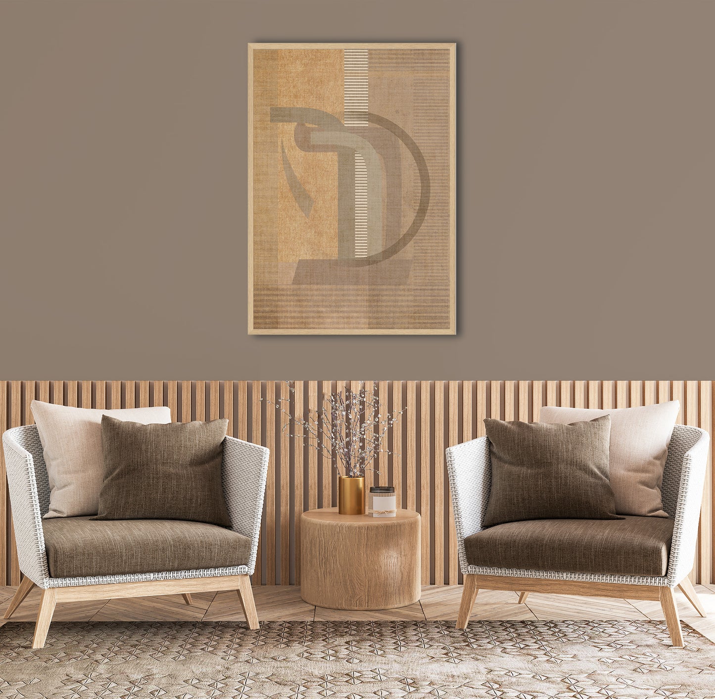 A modern country farmhouse look with earthy colours curved forms on textured look background.