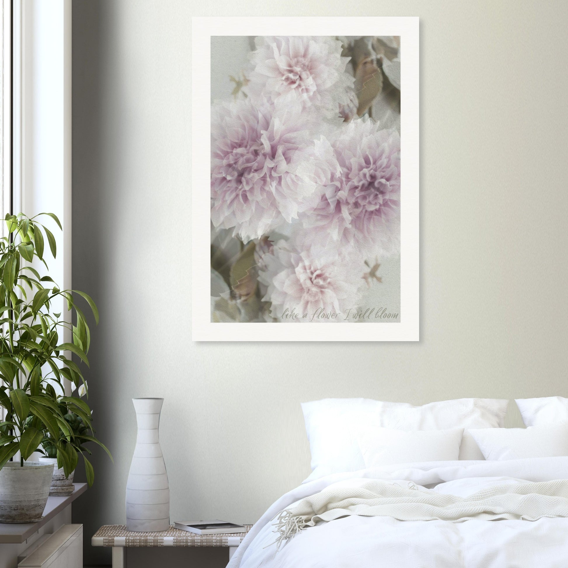 Christian art print with muted soft colours of dahlia flowers on a soft grey background with a lightly written affirmation.