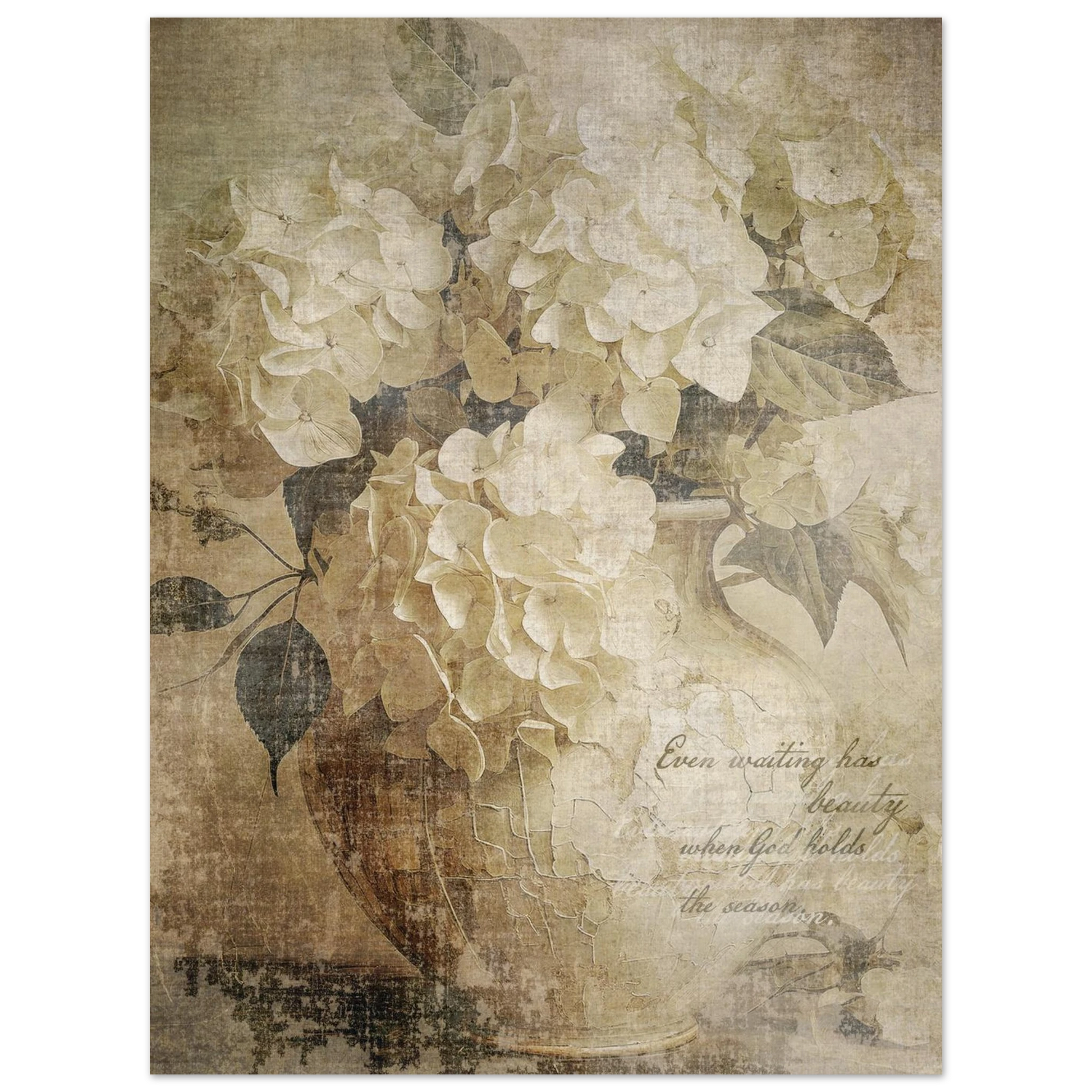 Vintage floral design with text ' Even waiting has beauty when God hold the season' on a textured soft earthy background