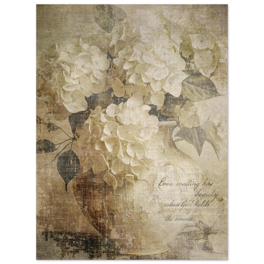 Vintage floral design with text ' Even waiting has beauty when God hold the season' on a textured soft earthy background
