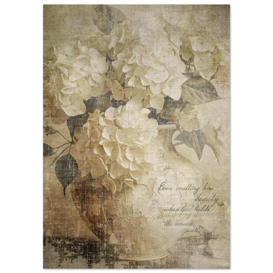 Vintager floral design with text ' Even waiting has beauty when God hold the season' on a textured soft earthy background