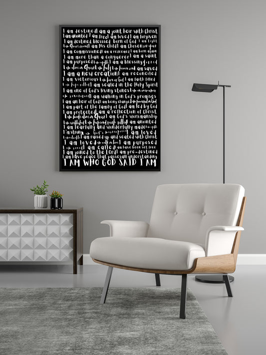 Word art with affirming words from the Bible with white words on black background.