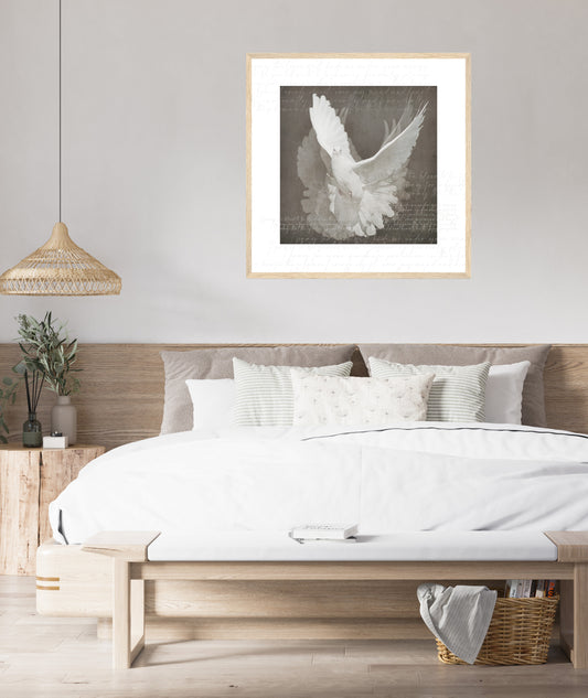 White dove with a softly scripted prayer merging into a muted background.