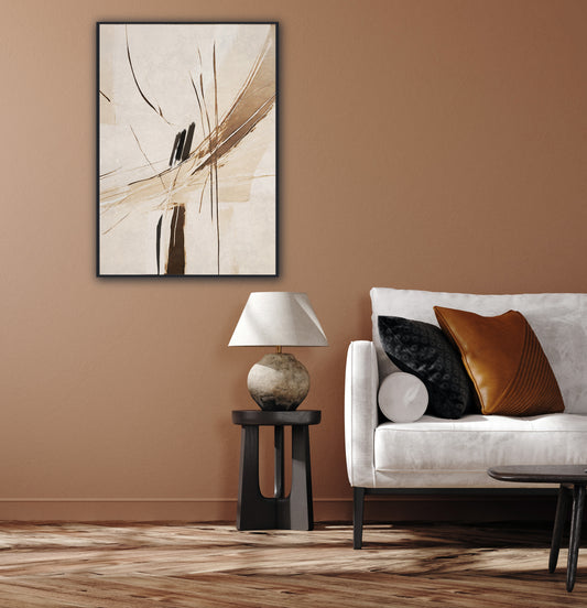 Abstract artwork of a cross on a soft earthy muted background.