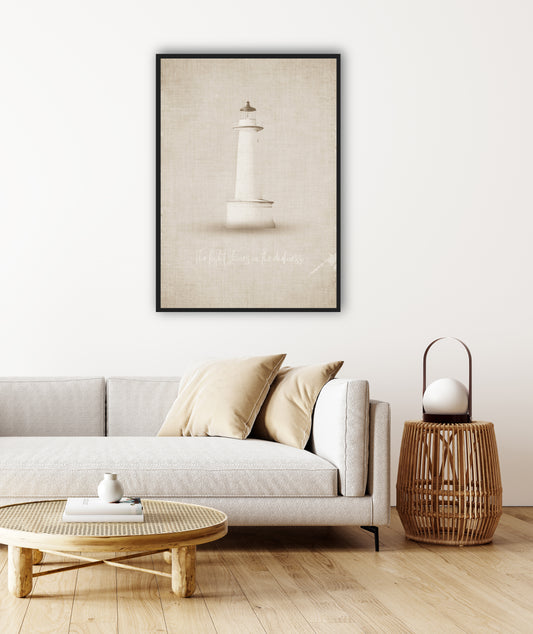 A lighthouse print with  natural earthy colours on a linen look background 