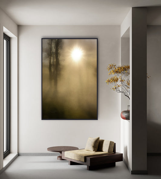 A abstract print in soft warm natural tones of the sun shining through the mist with trees silhouetted. 