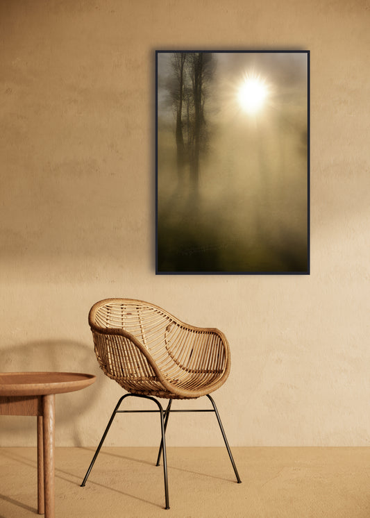 Abstracted landscape with warm muted tones and sun shining through tree silhouettes.