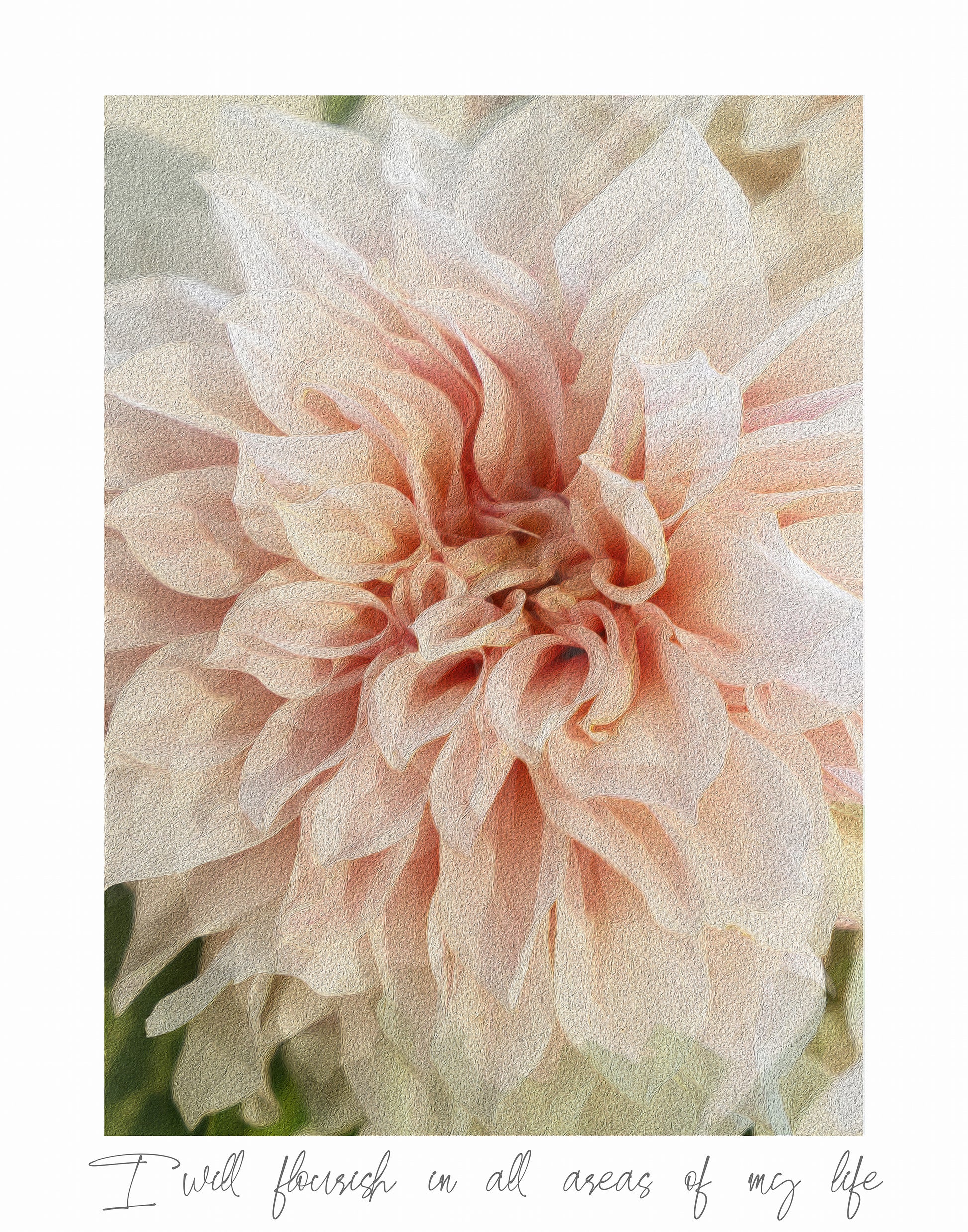 Digitally textured dahlia flower print in soft pink and pale green tones 